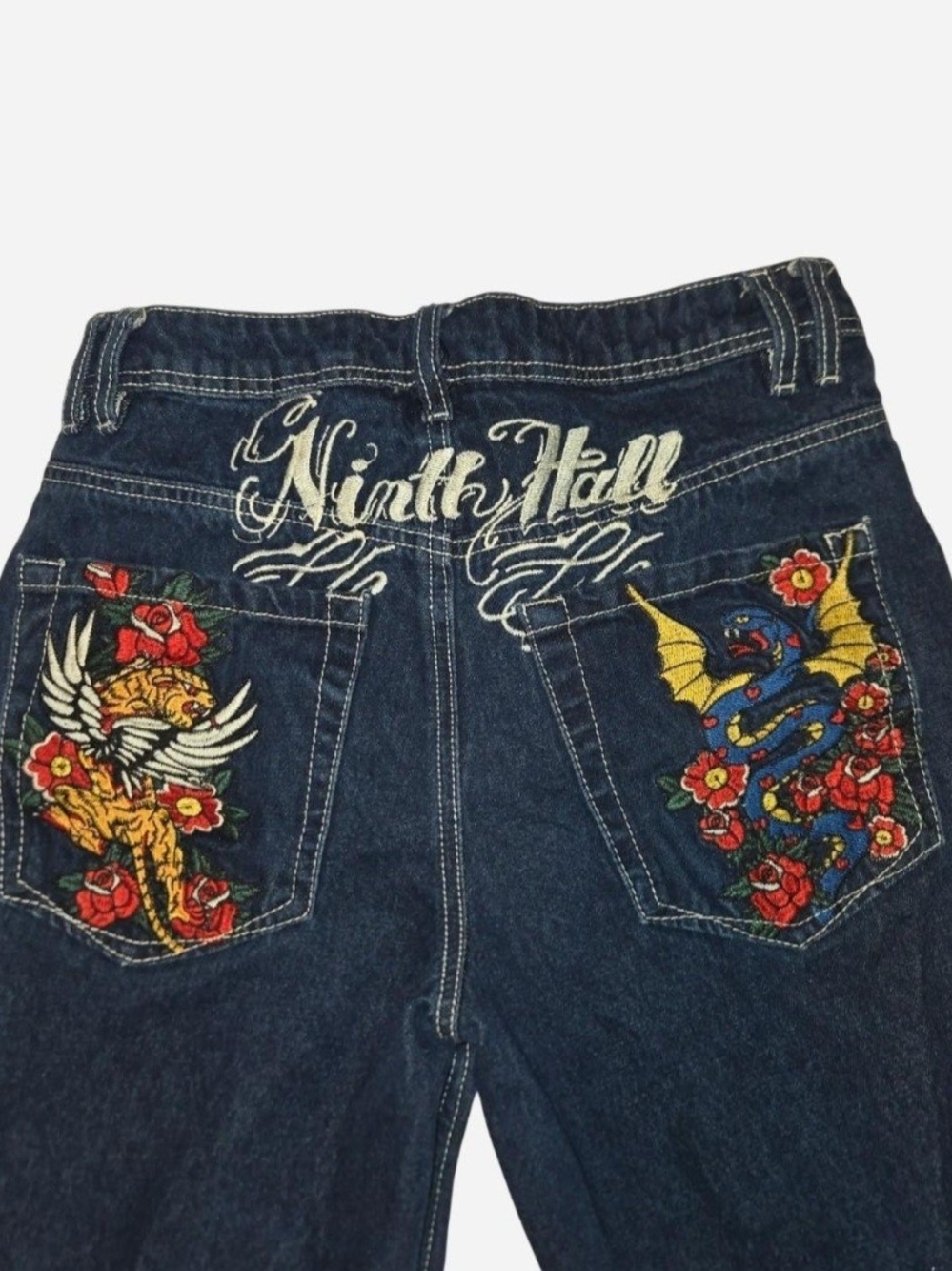 Ninth Hall Embroidered Dark Wash Jeans - Multicolor Pocket Art